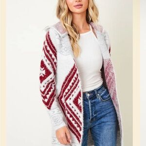 Women’s Hooded Cardigan with Wine and cream  Pattern